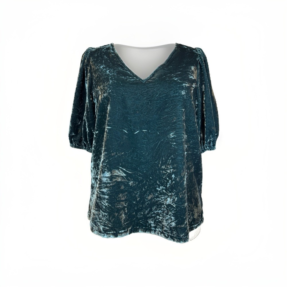 LOFT Crushed Velvet Velour Puff Sleeve V-Neck Top M Green Romantic Goth Y2K